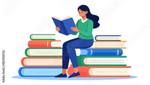 A young woman engrossed in reading a book, comfortably seated atop a large stack of colorful textbooks, symbolizing education, knowledge acquisition, and personal growth through literature
