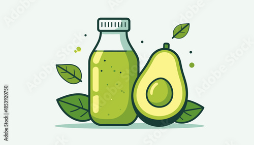 Nutritious and Refreshing Avocado Green Smoothie in a Bottle, Paired with Freshly Halved Avocado and Vibrant Green Leaves, Embodying Healthy Living