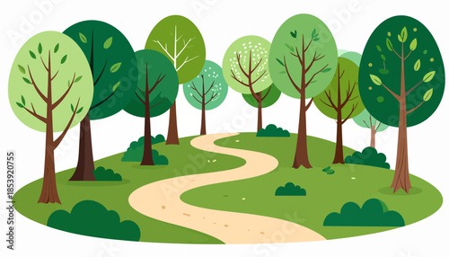 Whimsical cartoon illustration of a serene park landscape with a winding dirt path surrounded by lush green trees and bushes, perfect for nature and outdoor themes