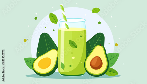 Refreshing green avocado smoothie in a glass with fresh avocado halves and leaves, a healthy and delicious beverage