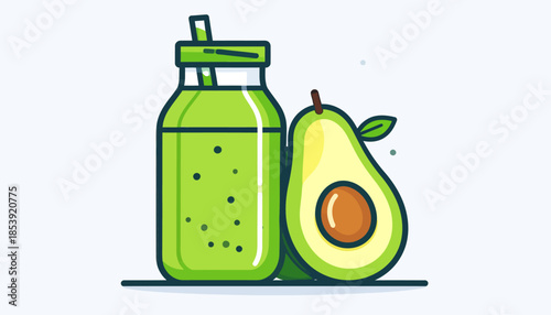 Refreshing avocado smoothie in a glass bottle with a straw and a sliced avocado beside it