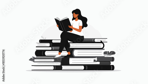 A young woman deeply engrossed in reading, comfortably seated on a towering stack of books, symbolizing a journey of learning, knowledge acquisition, and intellectual growth