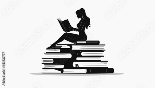 Elegant silhouette illustration of a woman engrossed in reading a book while comfortably seated on a towering pile of literature, representing knowledge, learning, and intellectual growth