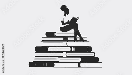 Empowering silhouette of a woman reading atop a stack of books, symbolizing the pursuit of knowledge, lifelong learning, and intellectual growth through continuous education