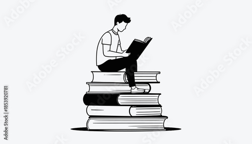 Illustration of a young person engrossed in reading a book while perched atop a stack of knowledge and literature