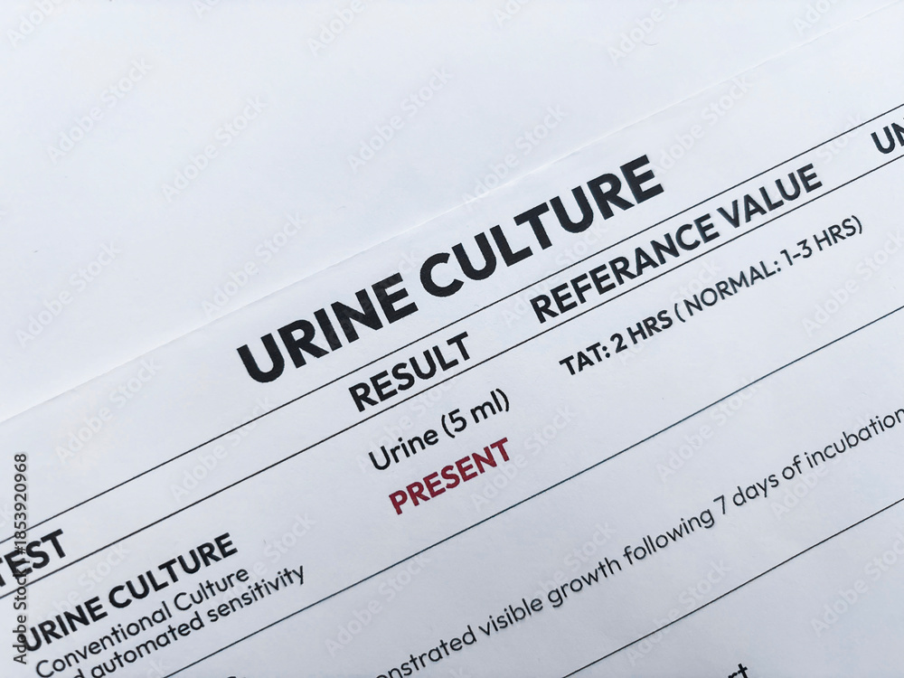 Obraz premium Urine culture test report showing present status in result with reference value, medical backdrop