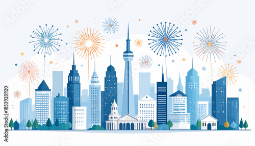 Vibrant urban skyline illuminated by festive fireworks, symbolizing celebration, progress, and the lively spirit of a modern metropolitan city at night