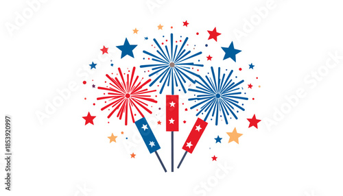 Vibrant patriotic fireworks celebration illustration with festive stars and colorful explosions, symbolizing joy, national holidays, and happy event excitement on a white background