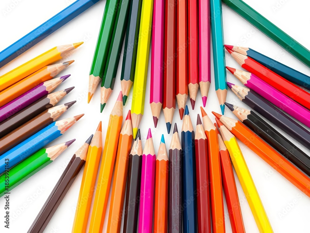 Fototapeta premium Vibrant colored pencils arranged artistically on a white background, art, vibrant