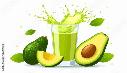 Vibrant avocado juice with a dynamic splash in a glass, surrounded by fresh whole and sliced avocados and natural leaves, embodying healthy and refreshing nutrition