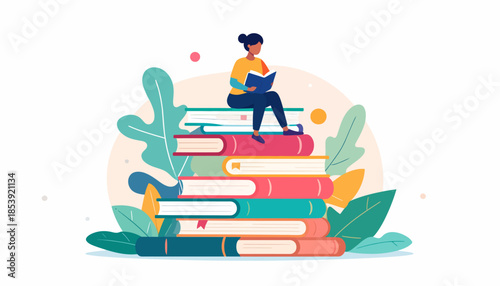 Enthusiastic young woman enjoying a captivating book atop a colorful stack, symbolizing personal growth, education, and the joy of learning