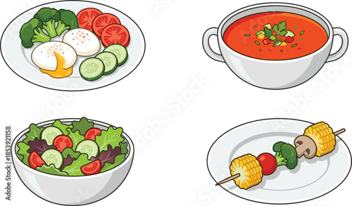 Healthy food illustration set, fresh vegetable salad soup grilled corn, nutritious meal collection isolated on white background, flat vector design