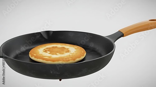 Flipping pancake in a frying pan with flying crumbs, showcasing cooking action in a clean kitchen