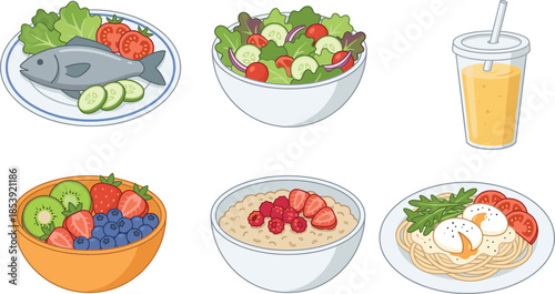 Healthy food illustration set, balanced meals salad fish fruit smoothie pasta, nutrition diet concept isolated on white background, cartoon vector design