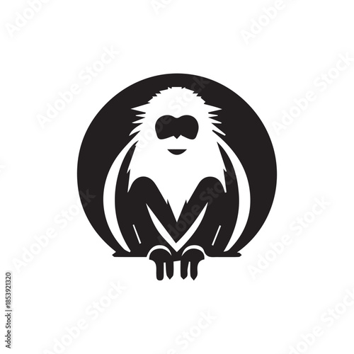 Stylized black and white monkey or ape in a circular frame