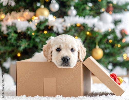 golden retriever puppy in christmas tree
