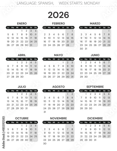 2026 spanish calendar. Vector modern illustration for Spain - year calendario