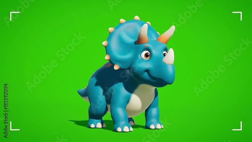 Cute cartoon triceratops dinosaur animated on green screen background.