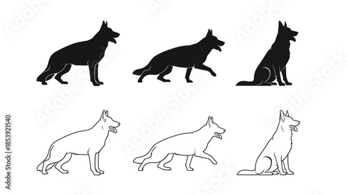 German shepherd dog silhouettes and line art variations displayed in a row