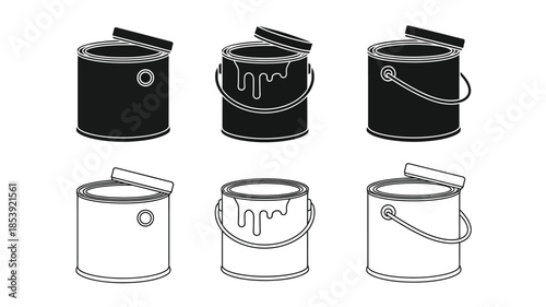 Black and white illustration of paint cans with varying lid positions