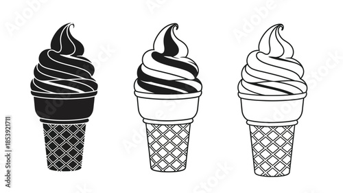 Three black and white illustrations of soft serve ice cream in cones