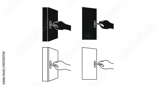 Illustrations of hands interacting with door handles in different positions