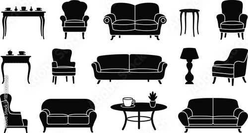 Set of Classic Furniture and Home Decor Silhouettes, Vector Graphic Collection of Sofas, Armchairs, Tables, and Lamps, Interior Design and Living Room Elements Illustration