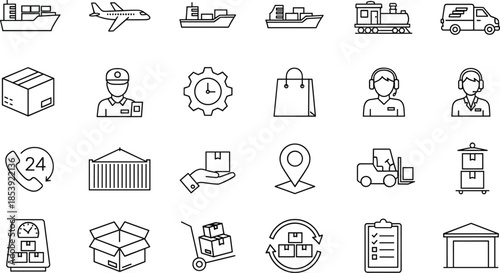 Logistics and delivery icons set including shipping, warehouse, freight transport, cargo, courier, distribution, global supply chain, customer support, and storage symbols.