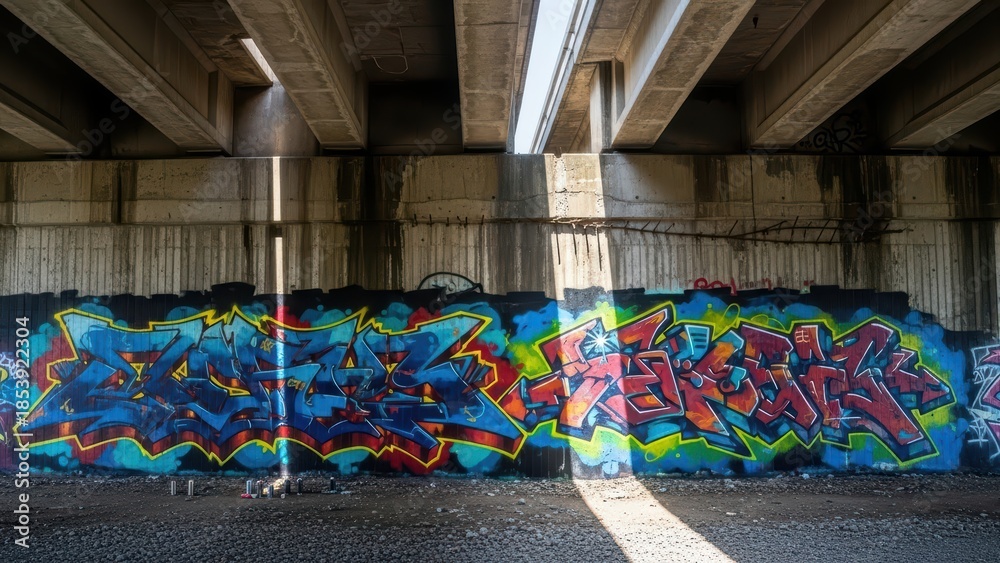 Fototapeta premium Colorful urban graffiti art on underpass wall with sunlight and shadow play