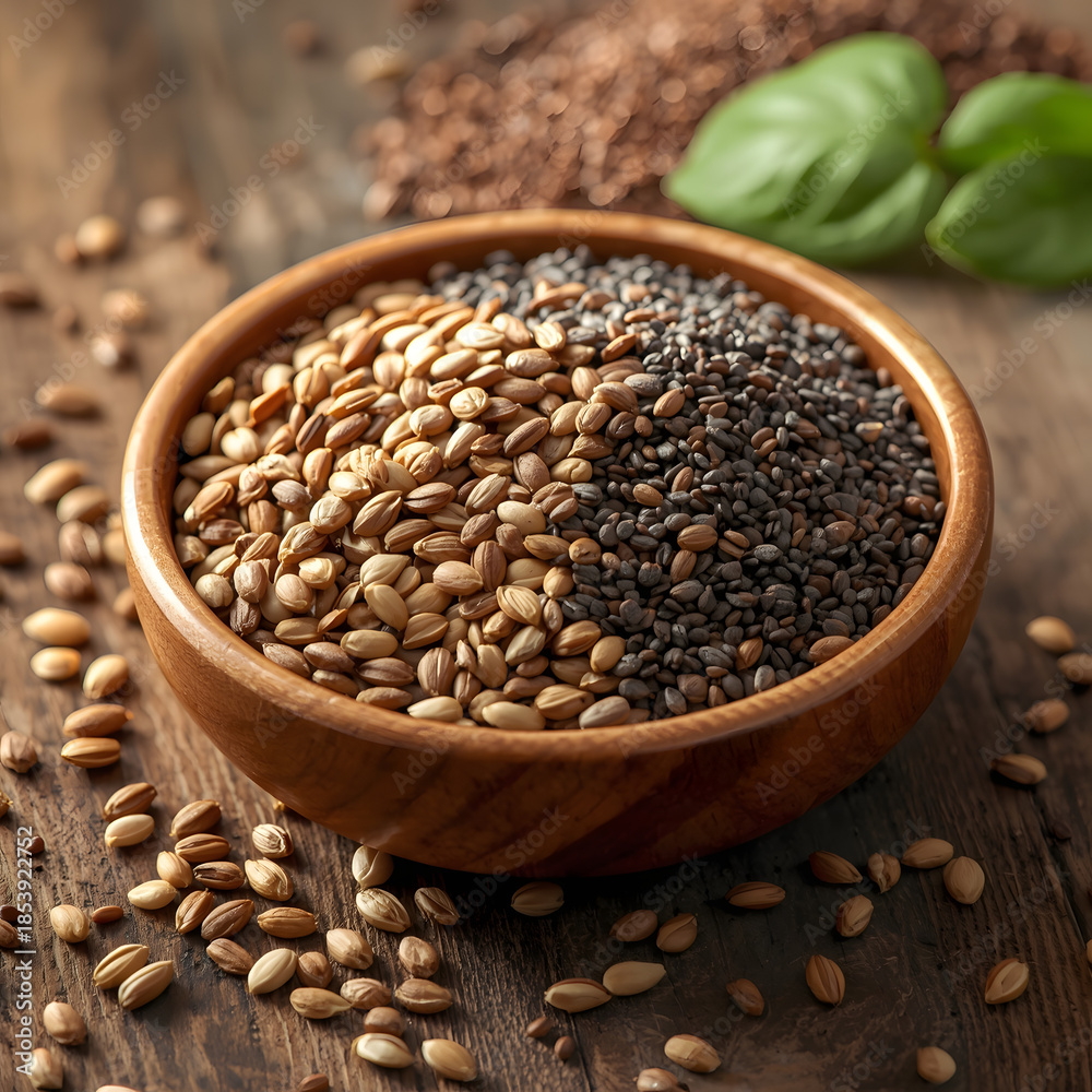 Fototapeta premium A wooden bowl filled with light brown seeds and black seeds on a rustic surface