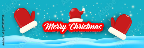 Merry Christmas horizontal banner and flyer vector design with cute kids warm red mittens on snowy hills landscape background and greeting text. Vector merry Christmas cartoon banner with gloves