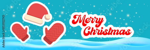 Merry Christmas horizontal banner and flyer vector design with cute kids warm red mittens on snowy hills landscape background and greeting text. Vector merry Christmas cartoon banner with gloves