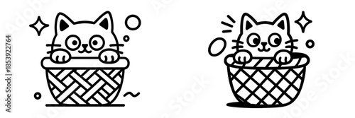 Two adorable cartoon cats are playfully peeking out from woven baskets