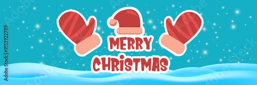 Merry Christmas horizontal banner and flyer vector design with cute kids warm red mittens on snowy hills landscape background and greeting text. Vector merry Christmas cartoon banner with gloves