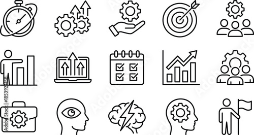 Business management icons set including data analysis, productivity, project planning, strategy, time management, workflow, performance tracking, teamwork, and financial growth symbols.