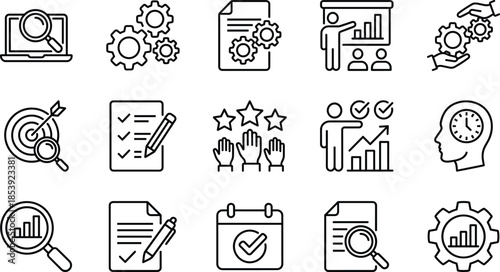 Business management icons set including data analysis, productivity, project planning, strategy, time management, workflow, performance tracking, teamwork, and financial growth symbols.