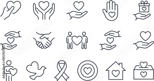 Charity and donation icon set featuring heart, care, hands, philanthropy, kindness, community support, volunteer work, nonprofit symbols, and humanitarian aid icons.