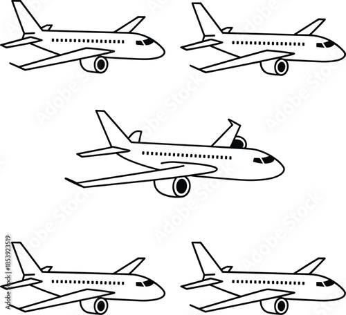 Set of Minimalist Airplane Outline Graphics, Featuring Commercial Passenger Jet Aircrafts, Ideal for Travel, Aviation, Transportation, Booking, and Flight Industry Vector Illustrations