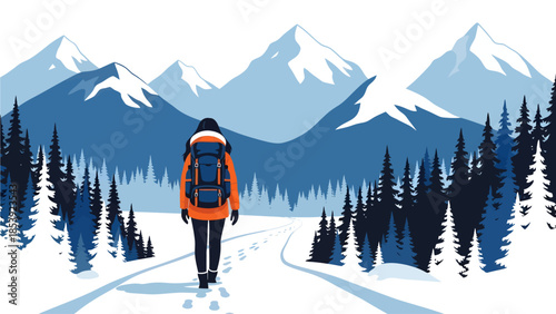 Clad in a vibrant orange jacket, a solitary backpacker treks along a snowy path winding through dark pine forests toward majestic, snow-capped mountains