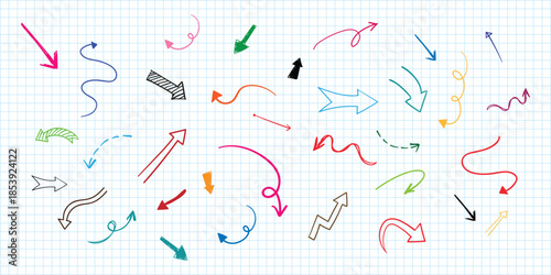 Colorful scribbles and arrows on a grid paper background
