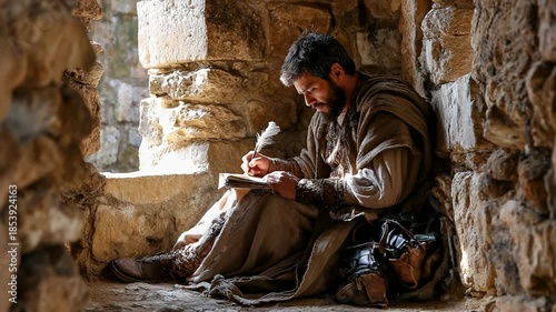 Man writing in ancient stone doorway