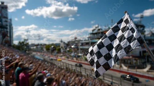 Race finish checkered flag waving at speedway