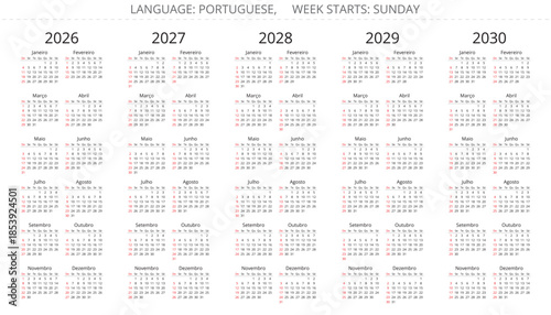 Portuguese calendar 2026, 2027, 2028, 2029, 2030 years. Vector illustration Portugal. Week starts sunday