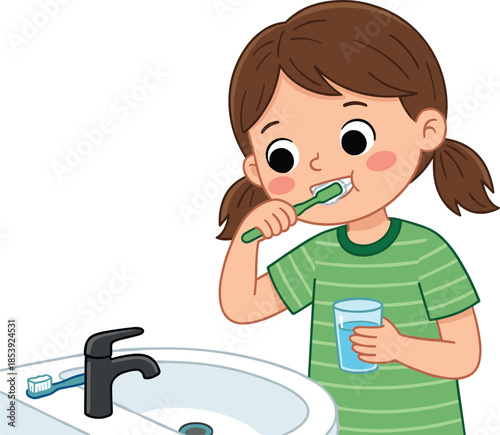 Cute cartoon little girl brushing teeth with green toothbrush and holding water glass at bathroom sink, dental hygiene concept, vector illustration.
