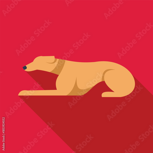 Minimalist vector illustration of a greyhound lying down, featuring a long shadow on a vibrant red background