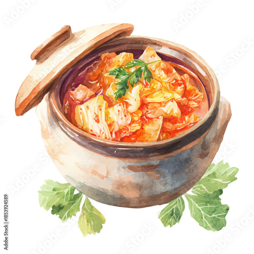 Watercolor-style vector illustration of Kimchi Stew, isolated on a clean white background.