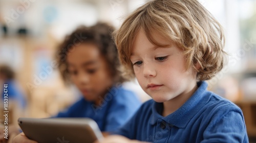 Two young children, a boy and a girl, sitting at a table in a classroom. the boy is holding a tablet in his hands and appears to be focused on the screen.