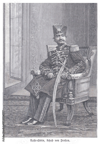 Nasir-ad-Din Shah Qajar Portrait: Persian King in Regal Attire with Sword