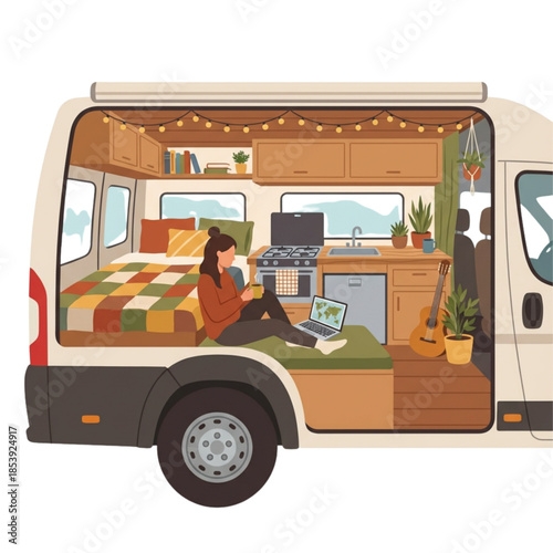 Cozy vanlife interior for digital nomads. Young woman enjoying remote work in her modern mobile home, featuring a comfortable bed, kitchen, and inspiring travel amenities