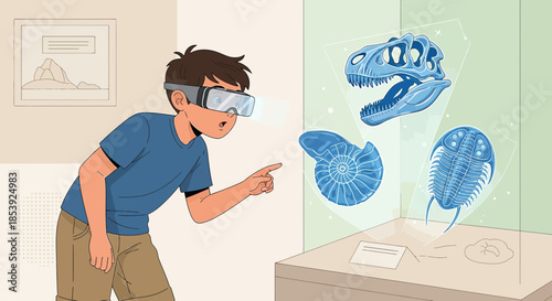 Boy immerses himself in a virtual reality museum exhibit featuring prehistoric creatures and